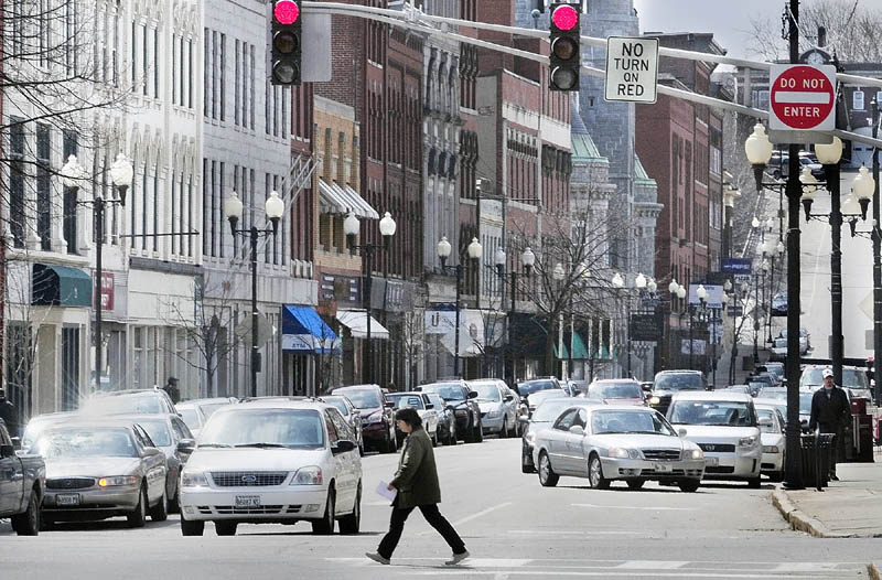 Water Street, at Bridge Street in downtown Augusta, is pictured on April 2. The Augusta Downtown Alliance seeks a director whose job will center on staying abreast of the area's trends.