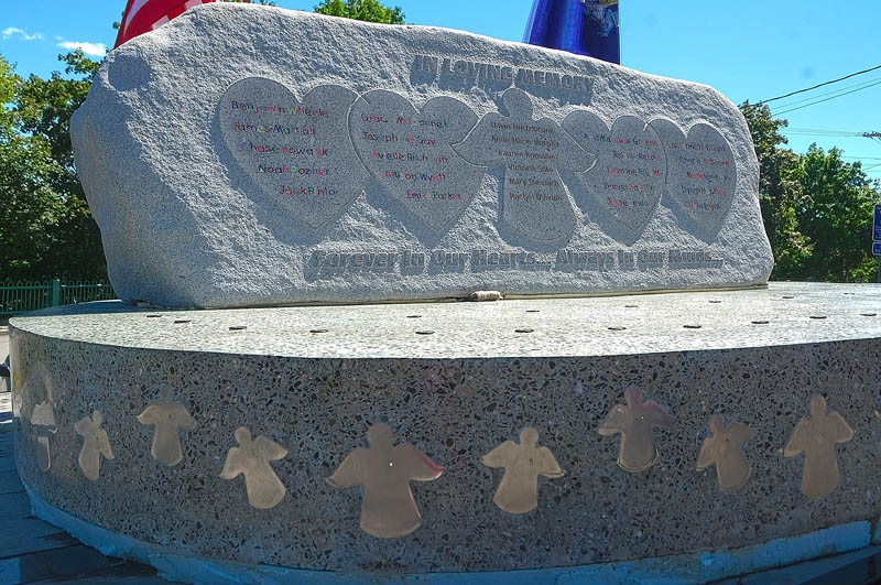 This photograph shows the Rock of Angels monument to the victims of December's massacre at Sandy Hook Elementary School, which is making its way from Maine to in Newtown, Conn., during a stopover at Hartford Fire Station in Augusta today.
