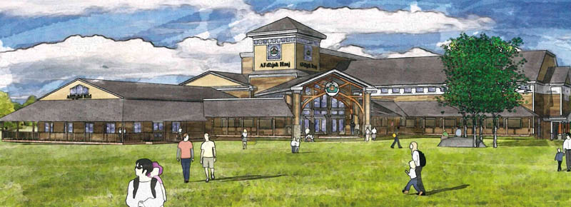 An artist's sketch of the New England Music Camp's planned education center and Recital Hall on the shore of Messalonskee Lake in Sidney.
