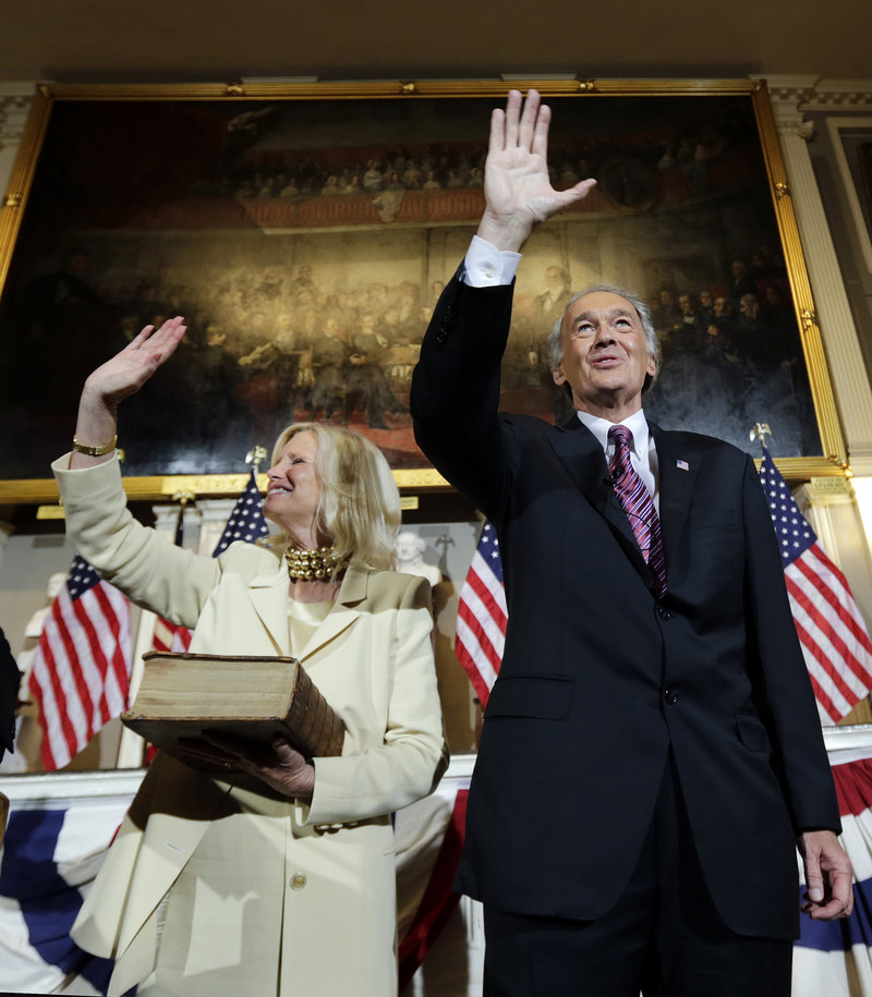 U.S. Sen. Edward Markey is vowing to fight against automatic federal spending cuts and keep critical grant money flowing into key research industries in the state as he settles into his new job on Capitol Hill. Above, with his wife Susan Blumenthal.