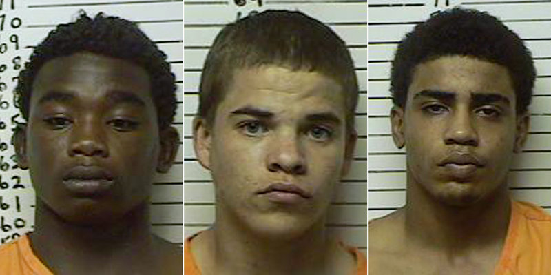 Booking photos show, from left, James Francis Edwards Jr., 15, Michael Dewayne Jones, 17, and Chancey Allen Luna, 16, all of Duncan, Okla., who have been charged in connection with the killing of 22-year-old Australian collegiate baseball player Christopher Lane.