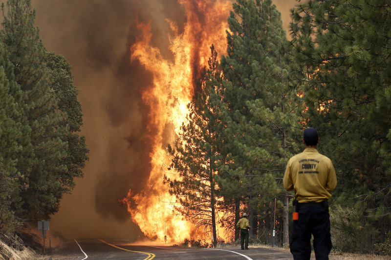 The Rim Fire burns along Highway 120 near Yosemite National Park, Calif., on Sunday. With winds gusting to 50 mph on Sierra mountain ridges and flames jumping from treetop to treetop, conditions are extremely challenging for firefighters.