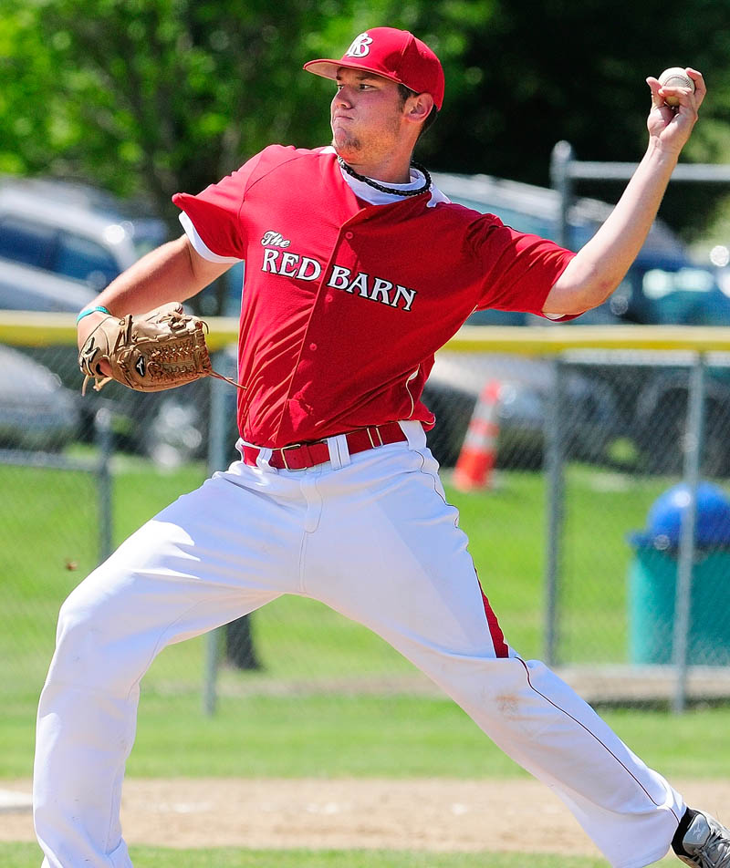 AND THE PITCH: The Red Barn pitcher Jory Humphrey fires a pitch during an American Legion state tournament game on Saturday at Morton Field in Augusta. The Red Barn lost 16-6 to Staples-Crossing of Eliot and were eliminated from the tournament.