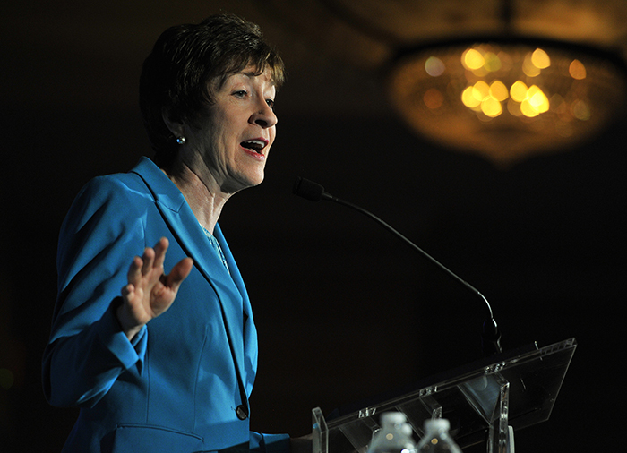 Sen. Susan Collins speaks at the Portland Regional Chamber’s Eggs and Issues breakfast at the Marriott Hotel in South Portland on Thursday. She discussed bills she co-sponsored with Democrats and called for more bipartisan work to solve problems.