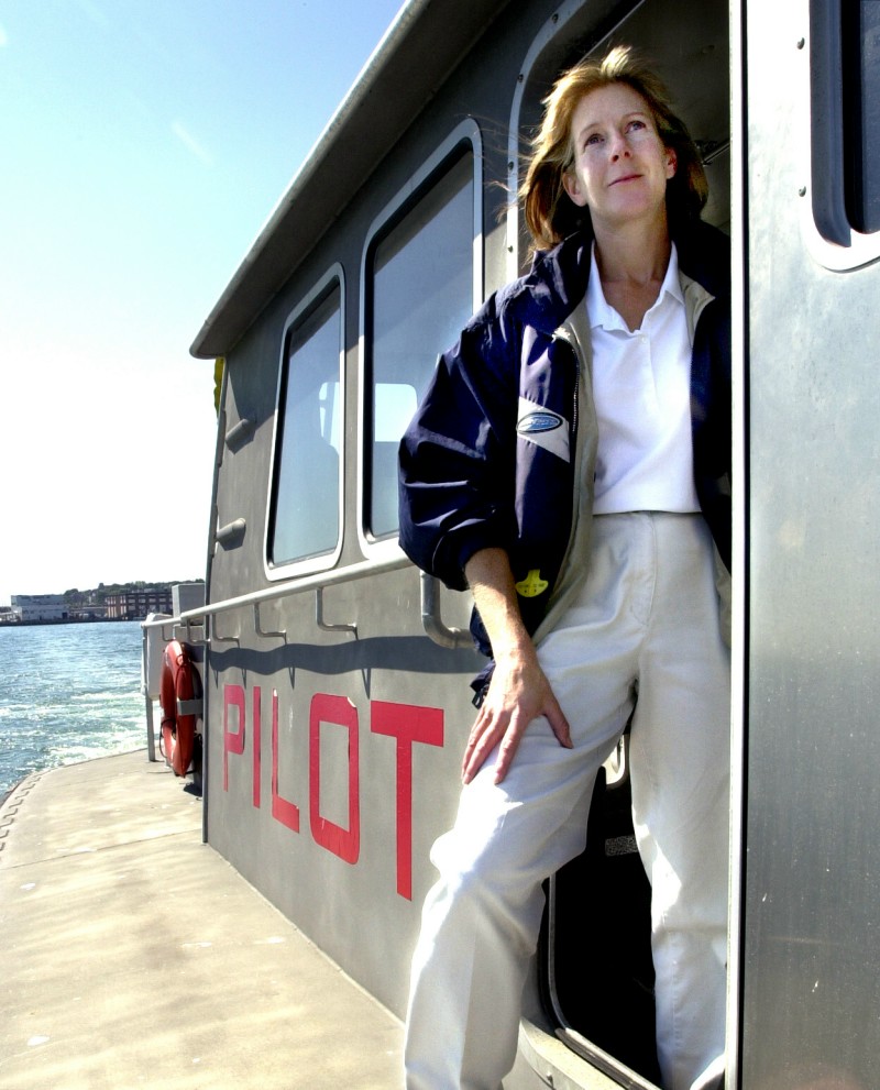 Susan Clark in 2005 aboard a pilot boat heading out of Portland Harbor to a waiting container ship.