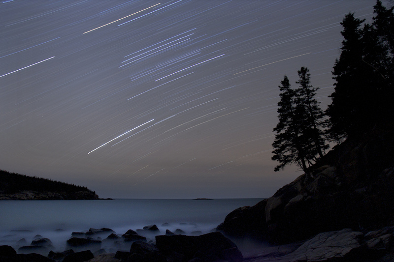 Star trails streak across the sky in a 75-minute time-exposure at Acadia National Park. The star-filled night skies are being celebrated during the fifth annual Acadia Night Sky Festival which began Thursday and runs through Sunday.