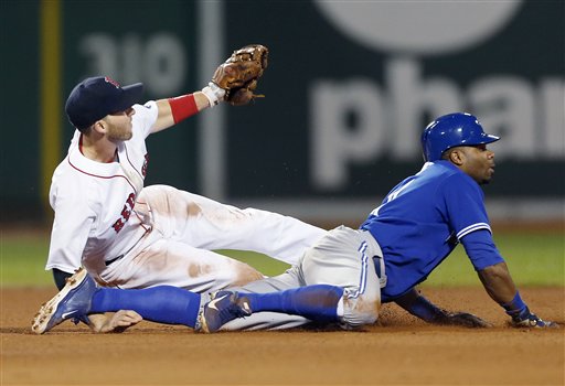 Boston Red Sox's Stephen Drew, left, and Toronto Blue Jays' Rajai Davis look for the call after Davis was caught stealing second base in the sixth inning of a baseball game in Boston, Saturday.