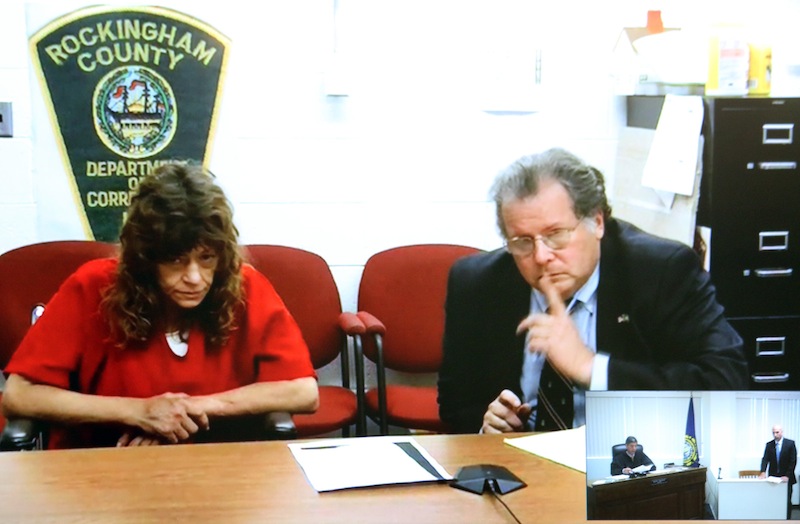 Attorney Neil Reardon, gestures to Cindy Sheppard, 47, of Hampton, NH argued that her bail should be set lower than the state’s request of $10,000 cash-only because Sheppard isn’t a flight risk, having grown up in New Hampshire and having family and friends located in the state. He also noted that Sheppard is a double below-the-knee amputee.