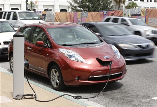An electric car gets a recharge in front of city hall in Orlando, Fla., on Wednesday. Orlando has more than 300 charging stations in the area.