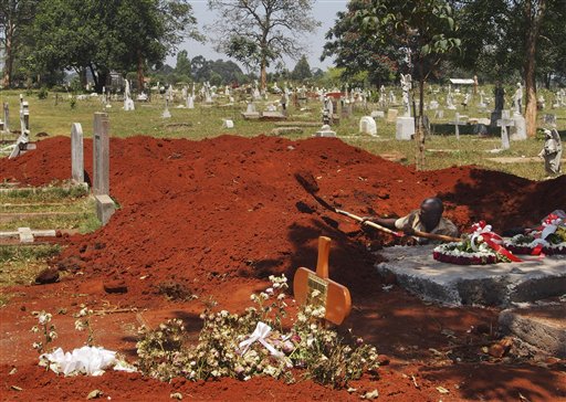 A gravedigger digs additional graves with a shovel, in anticipation of an increased number of burials both of Westgate Mall attack victims and of those deceased from other causes, at the main cemetery in Nairobi, Kenya, on Saturday.