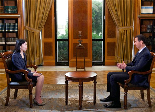 In this photo released by the Syrian official news agency SANA, Syrian President Bashar Assad speaks during an interview with Chinese state CCTV, in Damascus on Monday.
