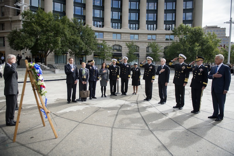 This photo provided by the Navy Media Content Service shows Secretary of Defense, Chuck Hagel, right, Gen. Martin E. Dempsey, Chairman of the Joint Chiefs of Staff, Adm. Jonathan Greenert, Chief of Naval Operations, Ray Mabus, Secretary of the Navy, and Adm. James A. Winnefeld Jr., Vice Chairman of the Joint Chiefs of Staff, render honors on Tuesday, Sept. 17, 2013, during a wreath laying ceremony at the U.S. Navy Memorial. (AP Photo/ U.S. Navy Media Content Service, Arif Patani) SECNAV;Ray Mabus;Secretary of the Navy;Dakota Meyer;Medal of Honor;Marine;U.S. Marine Corps