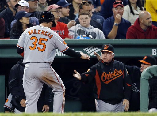 Baltimore Orioles designated hitter Danny Valencia (35) slaps hands with Orioles manager Buck Showalter after scoring on a double by Matt Wieters in the fifth inning of a baseball game against the Boston Red Sox at Fenway Park in Boston, Wednesday, Sept. 18, 2013. (AP Photo/Elise Amendola) Fenway Park