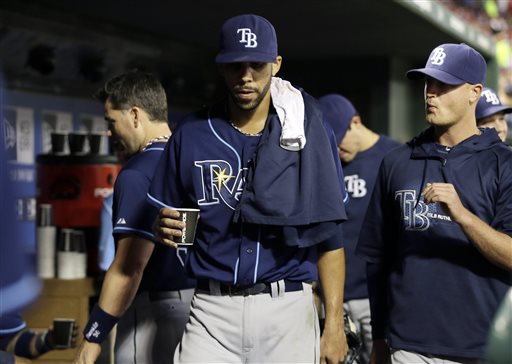 Tampa Bay Rays' David Price gets a drink in the dugout during the sixth inning of an American League wild-card tiebreaker baseball game against the Texas Rangers Monday, Sept. 30, 2013, in Arlington, Texas. (AP Photo/Tony Gutierrez)