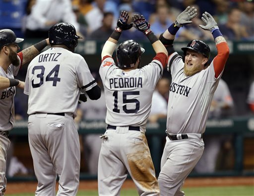 Boston Red Sox's Mike Carp, right, celebrates with teammates, from left, Mike Napoli, David Ortiz, and Dustin Pedroia after his 10th-inning grand slam off Tampa Bay Rays relief pitcher Roberto Hernandez during a baseball game Wednesday, Sept. 11, 2013, in St. Petersburg, Fla. (AP Photo/Chris O'Meara) Tropicana Field
