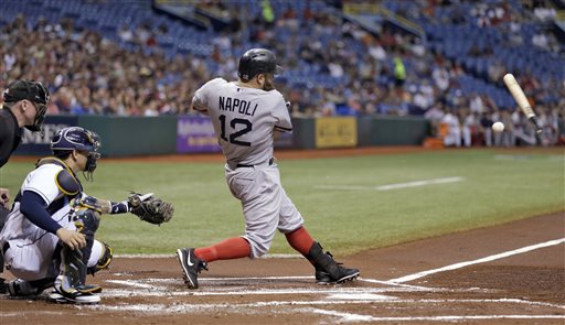 Boston Red Sox's Mike Napoli, right, breaks his bat as he grounds out while Tampa Bay Rays catcher Jose Lobaton, center, watches during the first inning of a baseball game on Thursday, Sept. 12, 2013, in St. Petersburg, Fla. (AP Photo/Chris O'Meara) Tropicana Field
