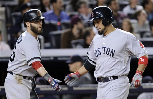 Boston Red Sox's Shane Victorino, right, celebrates with teammate Dustin Pedroia after scoring in the fifth inning of a baseball game against the New York Yankees, Thursday, Sept. 5, 2013, at Yankee Stadium in New York. (AP Photo/Bill Kostroun)
