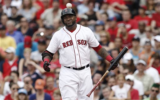 Boston Red Sox designated hitter David Ortiz steps back after swing and missing at a pitch as the ball goes back to the pitcher during the eighth inning of their 3-0 loss to the Detroit Tigers on Monday at Fenway Park in Boston.