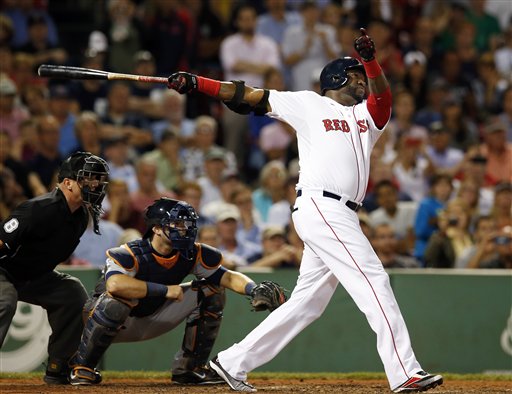 Boston Red Sox designated hitter David Ortiz follows through on his second homer of the game as Detroit Tigers catcher Alex Avila watches during the seventh inning of a baseball game at Fenway Park in Boston, Wednesday, Sept. 4, 2013. (AP Photo/Elise Amendola)