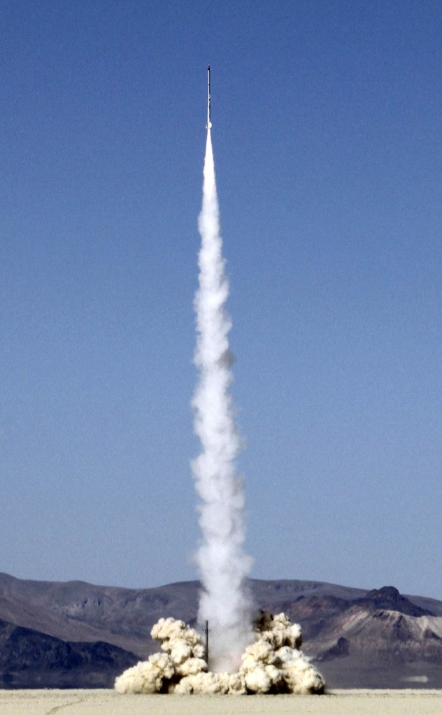 The Delta P rocket lifts off in Nevada on Monday. "Delta" is a mathematical term that describes any change in a variable, while "P" stands for pressure, so the rocket's name refers to a change in pressure, something it experienced when it shot more than 50,000 feet into the atmosphere.