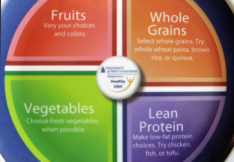 Wildcat Plates, used at the University of New Hampshire dining hall in Durham, N.H., describe healthy foods. The plates are printed with dietary guidelines in hopes students will choose healthier eating habits.