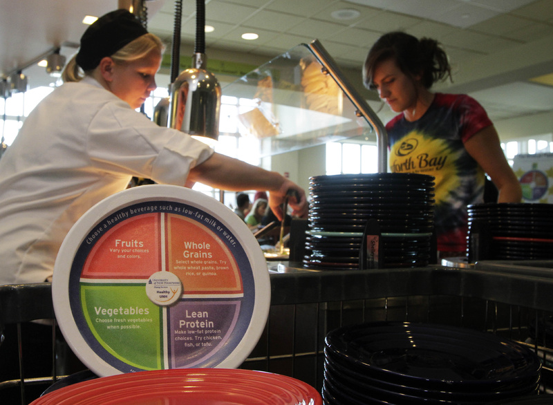 Students are served at the dining hall at the University of New Hampshire in Durham, N.H., where special plates are printed with dietary guidelines.