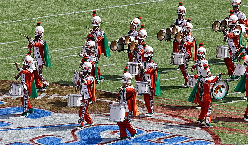 The Florida A&M University band performs at halftime Sunday in Orlando, Fla., during FAMU’s season-opening football game against Mississippi Valley State – its first appearance in a football stadium in nearly 22 months after the 2011 hazing death of a drum major.