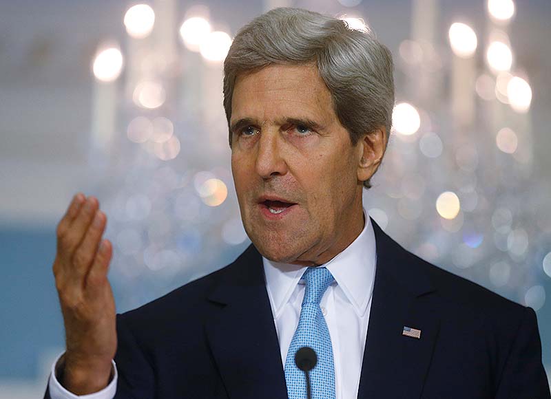 Secretary of State John Kerry makes a statement about Syria at the State Department in Washington. Kerry said in a series of interviews on news shows on Sunday that the United States now has evidence of sarin gas use in Syria through samples of hair and blood provided to Washington by first responders in Damascus.