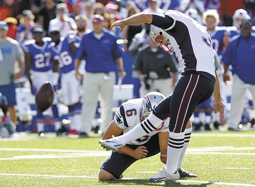 IT’S GOOD: New England’s Stephen Gostkowski kicks the game-winning field goal with 5 seconds left in the game against the Buffalo Bills on Sunday in Orchard Park, N.Y.