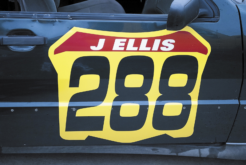 The number on the door of Cameron Folsom's race car bears the number 288 and the name "J Ellis" in honor of Jordan Ellis, 19, an Augusta teen who died of an apparent overdose in May. Ellis raced motocross bikes with the number 288.