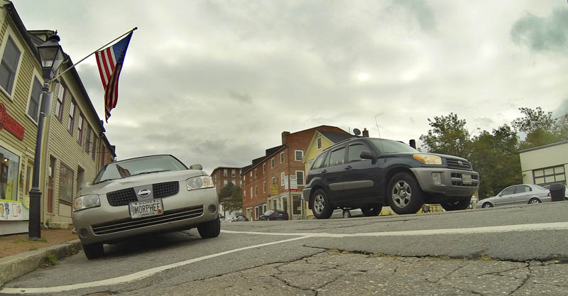 Slanted parking spaces on the east side of Water Street in downtown Hallowell are shown in this photograph taken today.
