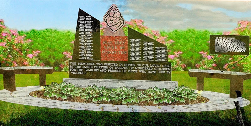 A drawing of the planned monument is displayed during the groundbreaking ceremony for the Maine chapter of Parents of Murdered Children's monument today in Holy Family Cemetery in Augusta.