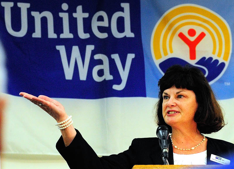Campaign Chair Dorcas Riley speaks on Wednesday during the United Way of Kennebec Valley breakfast event at the Augusta Civic Center.
