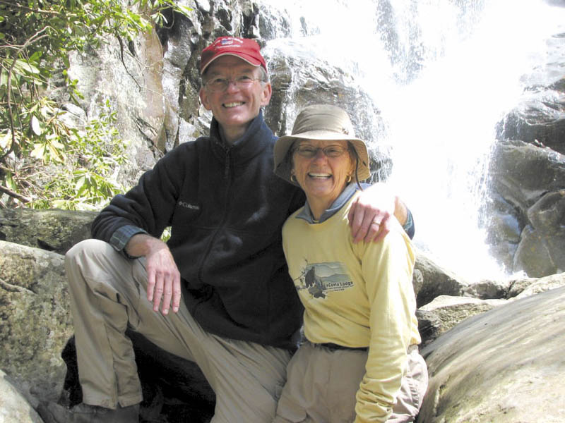 George Largay and his wife, Geraldine, at the Ramsey Cascades in Great Smoky Mountains National Park, which straddles the borders of Tennessee and North Carolina. Geraldine Largay has been missing since July from a portion of the Appalachian Trail between Route 4 near Rangeley and Route 27 in Wyman Township.