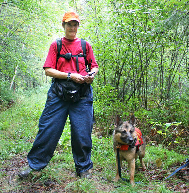 Searcher Deborah Palman and her dog Quinn found 86-year-old Arthur Wakeman about 1.2 miles from his Benton home on Friday. She is a retired game warden and current president of the Maine Association for Search and Rescue.