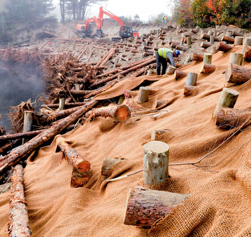 Karl Price places protective material over interlocked logs and dirt where workers have stabilized the eroded bank of the Sandy River near Whittier Road in Farmington today.