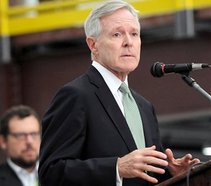 Navy Secretary Ray Mabus, shown speaking to workers at Marinette Marine Corp. in Marinette, Wis., last week, says the Navy could be forced to eliminate three dozen scheduled maintenance periods and cancel multi-year contracts on new ships if sequestration continues.