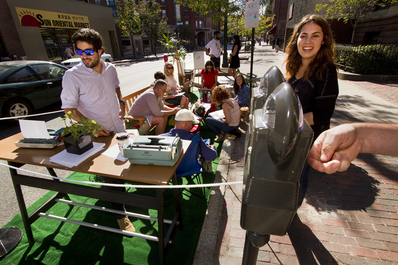 Employees and friends of The Via Agency on Congress Street participate in Portland's second annual Park(ing) Day on Friday, when people took over parking spaces for the day.