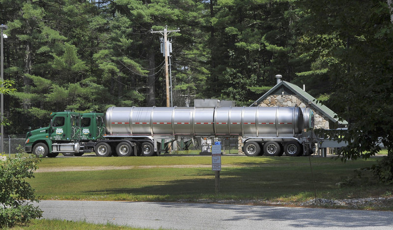 Poland Spring water trucks fill up at the water pumping station at Fire Lane No. 4 along Route 113 in Fryeburg.