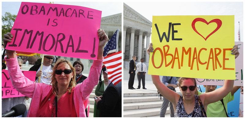 A combination file photo shows supporters and opponents of the Affordable Healthcare Act in front of the U.S. Supreme Court in Washington