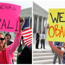 A combination file photo shows supporters and opponents of the Affordable Healthcare Act in front of the U.S. Supreme Court in Washington
