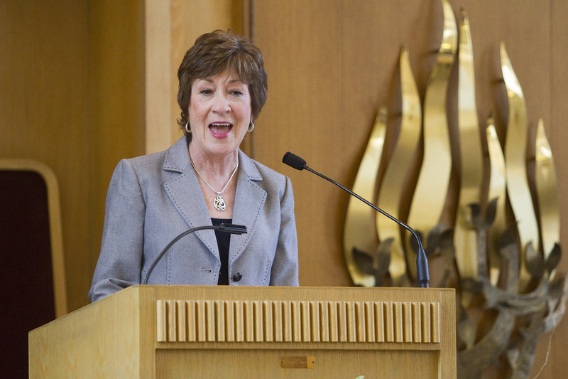 U.S. Sen. Susan Collins speaks about a strong U.S.-Israel alliance at Temple Beth El on Sunday.