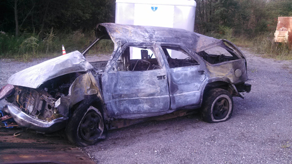 Remains of a vehicle involved in a fiery crash in Windsor Wednesday morning. Kennebec County Sheriff's Office is asking anyone with information about the crash to call Deputy Jeremy Day at 623-3614 ext. 1803.