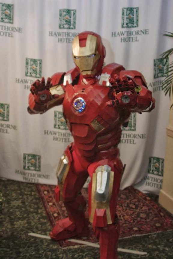 winner: Oakland resident Thomas Lemieux shows off his costume at the Hawthorne Hotel’s Halloween ball on Saturday. Lemieux won first place for his Iron Man suit, which he spent hundreds of hours and thousands of dollars to complete.