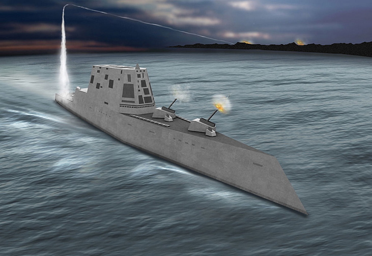 An artist’s concept shows a view of the USS Zumwalt, a first-of-its-kind DDG 1000 class destroyer that will be launched on schedule at Bath Iron Works.