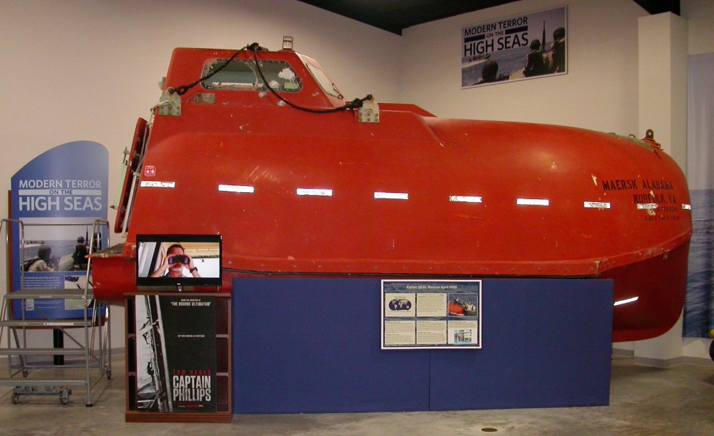 The Maersk Alabama cargo ship lifeboat is seen on display at the National Navy SEAL Museum in Fort Pierce, Fla., recently. The Maersk Alabama vessel was seized by Somali pirates off the coast of Somalia on April 12, 2009. The pirates captured Captain Richard Phillips and they fled together on the lifeboat.