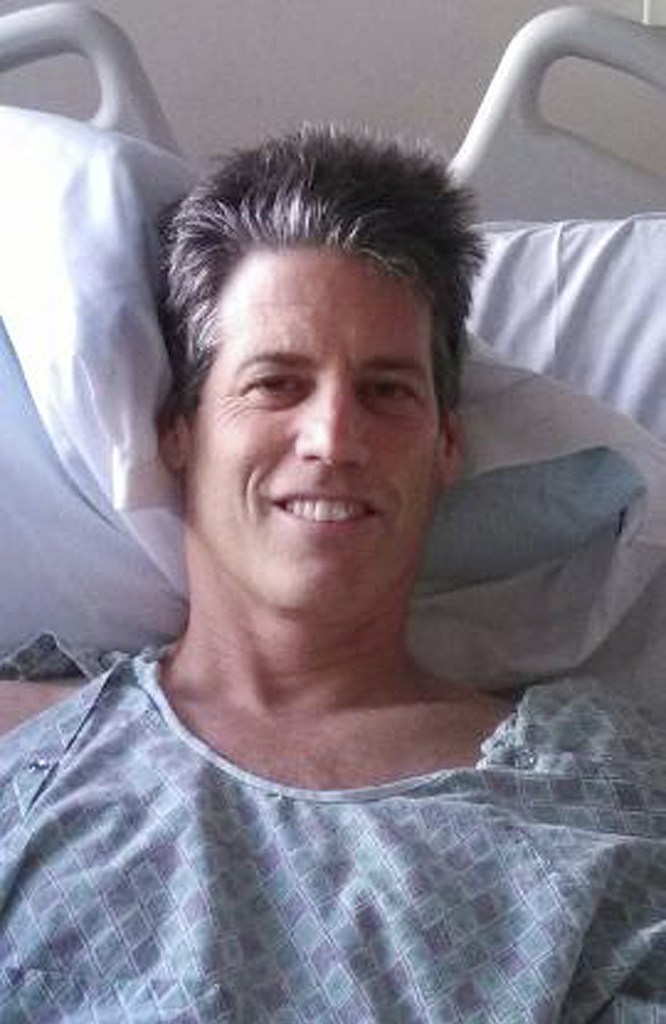 Jay Scrivner recovers at St. Joseph Hospital in Eureka, Calif. He was having a great day of surfing when a great white shark came out of nowhere and bit his thigh. Photo provided by Sunni Scrivner.