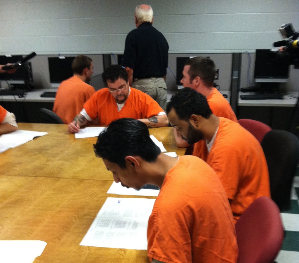 A group of Cumberland County Jail inmates takes a pre-test Wednesday to determine whether they are ready to take a test toward earning their General Educational Development degree. Several of the inmates said they had dropped out of school.