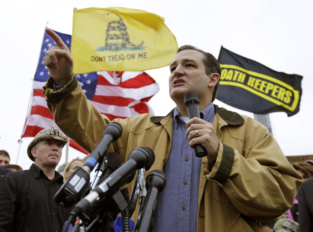 The Associated Press Sen. Ted Cruz, R-Texas, speaks at a rally in front of the WWII Memorial in Washington on Oct. 13, 2013.