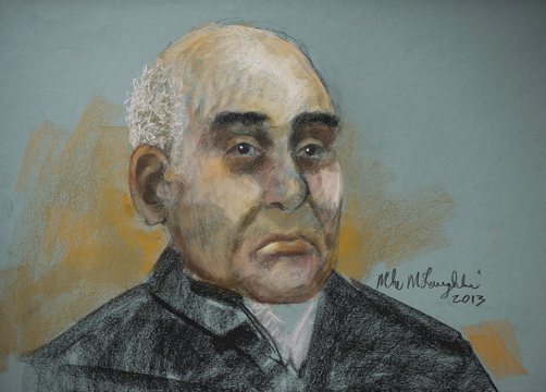 An artist’s sketch shows 71-year old Antony Piazza during a court appearance in Montreal, Monday, Oct. 28, 2013. Piazza, a 71-year-old Iranian-born man with a legally changed name faces three criminal charges in connection with an alleged attempt to bring explosive material onto an airplane.